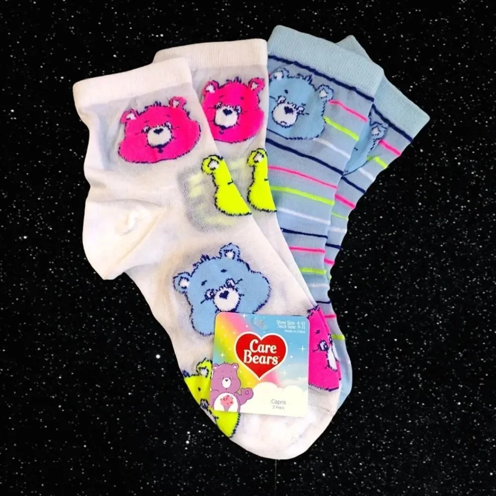 Care Bears‎ White Colorful Neon Print 2 Pairs Nylon Capri Socks NWT Nostalgia